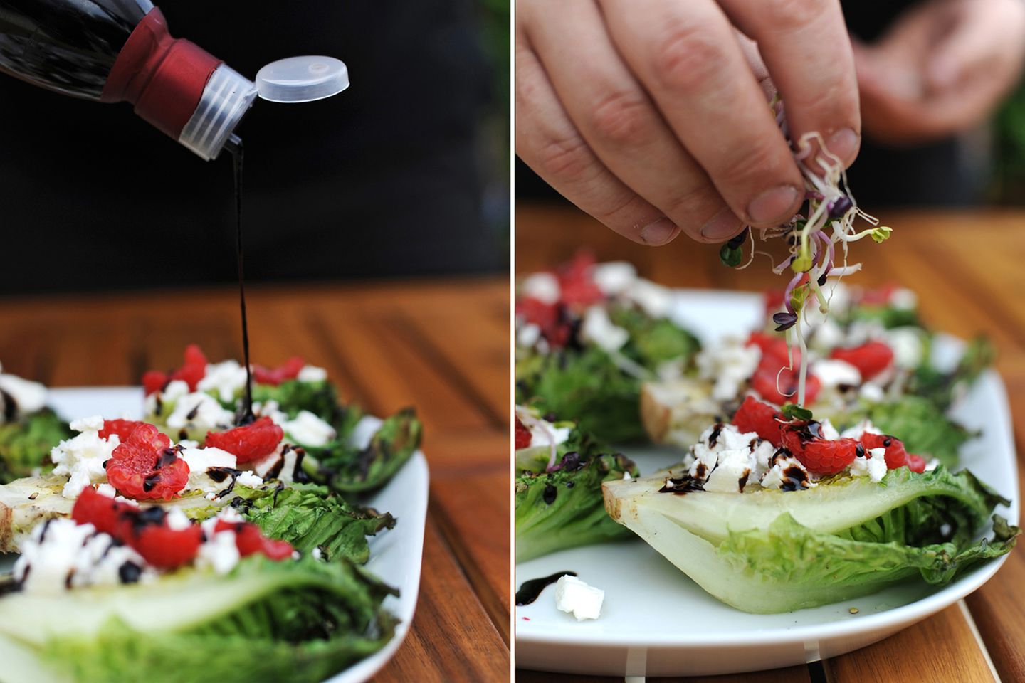 Das Auge isst ja bekanntlich auch mit: Über den Salat mit dem Feta und den Himbeeren kommt nun etwas Balsamicocreme. Den Abschluss bilden ein paar Sojasprossen.