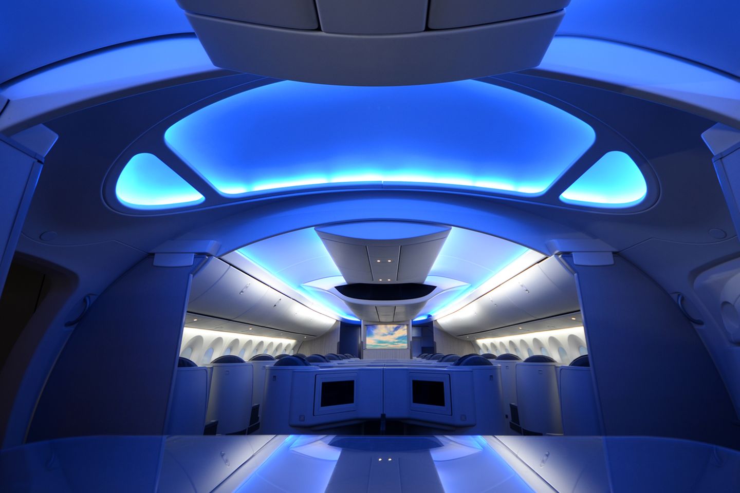 Im Werk der Boeing 787: Für die Beleuchtung in der Kabine des Dreamliners kommen farbige Leuchtdioden des deutsch-französischen Unternehmen Diehl Aerospace zum Einsatz. Die Passagiere dürfen sich über größere Fenster und Gepäckfächer freuen. Weniger Kopfschmerzen bereitet auch der Luftdruck, der nur einer Höhe von 1800 Metern entspricht - im Gegensatz zu herkömmlichen Flugzeugen mit einer Druckkabine von 2400 Metern. Für die Beleuchtung in der Kabine des Dreamliners kommen farbige Leuchtdioden des deutsch-französischen Unternehmen Diehl Aerospace zum Einsatz. Die Passagiere dürfen sich über größere Fenster und Gepäckfächer freuen. Weniger Kopfschmerzen bereitet auch der Luftdruck, der nur einer Höhe von 1800 Metern entspricht - im Gegensatz zu herkömmlichen Flugzeugen mit einer Druckkabine von 2400 Metern.