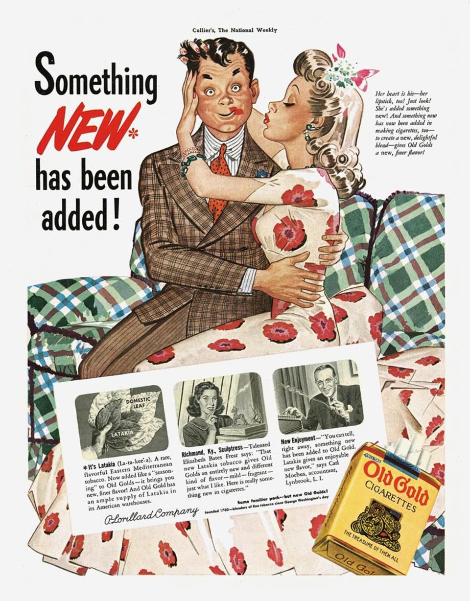 Zigaretten machen sexy. So sah man es in den 40er Jahren und noch lange später. Und so stellt es auch die Werbung für Old Gold Cigarettes aus dem Jahr 1941 dar.