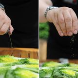 Ein paar Spritzer Nussöl und etwas Salz und Pfeffer aus der Mühle auf jede Hälfte.