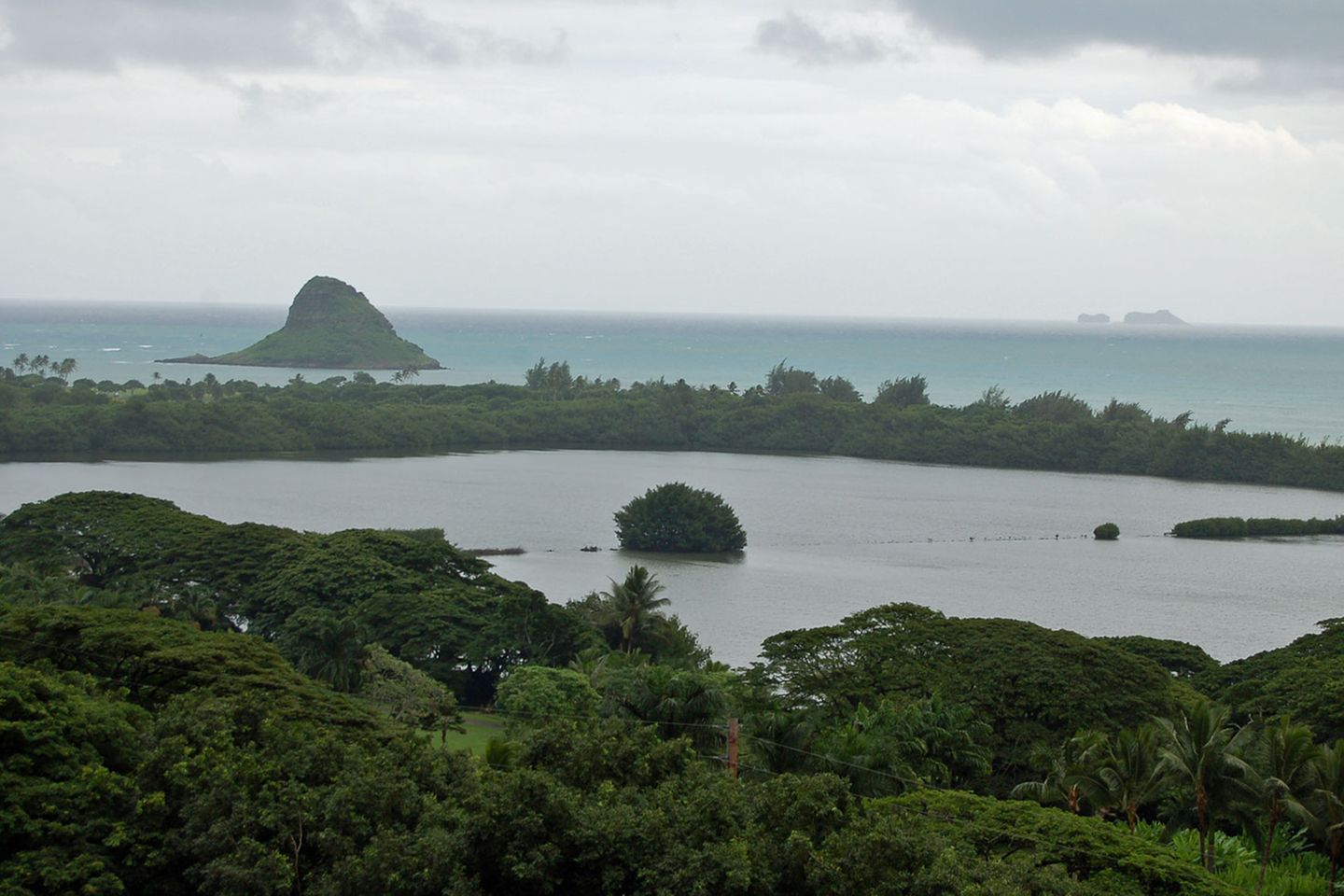 Hawaii-Inseln Oahu und Kauai: Chinaman's Hat Die touristische Infrastruktur konzentriert sich in Oahu auf Waikiki, dem Ausgangsort für Tagestouren quer über die Insel. Der Rest der Insel hat viele einsame Küstenabschnitte, die frei von Ferienresorts sind. An der regenreichen Ostküste ragt im Kualoa Regional Park ein begrünter Felsen aus dem Wasser: Chinaman's Hat oder auf Hawaiianisch "Mokalii" genannt, was so viel wie "kleiner Drache" bedeutet. Chinaman's Hat  Die touristische Infrastruktur konzentriert sich in Oahu auf Waikiki, dem Ausgangsort für Tagestouren quer über die Insel. Der Rest der Insel hat viele einsame Küstenabschnitte, die frei von Ferienresorts sind. An der regenreichen Ostküste ragt im Kualoa Regional Park ein begrünter Felsen aus dem Wasser: Chinaman's Hat oder auf Hawaiianisch "Mokalii" genannt, was so viel wie "kleiner Drache" bedeutet.