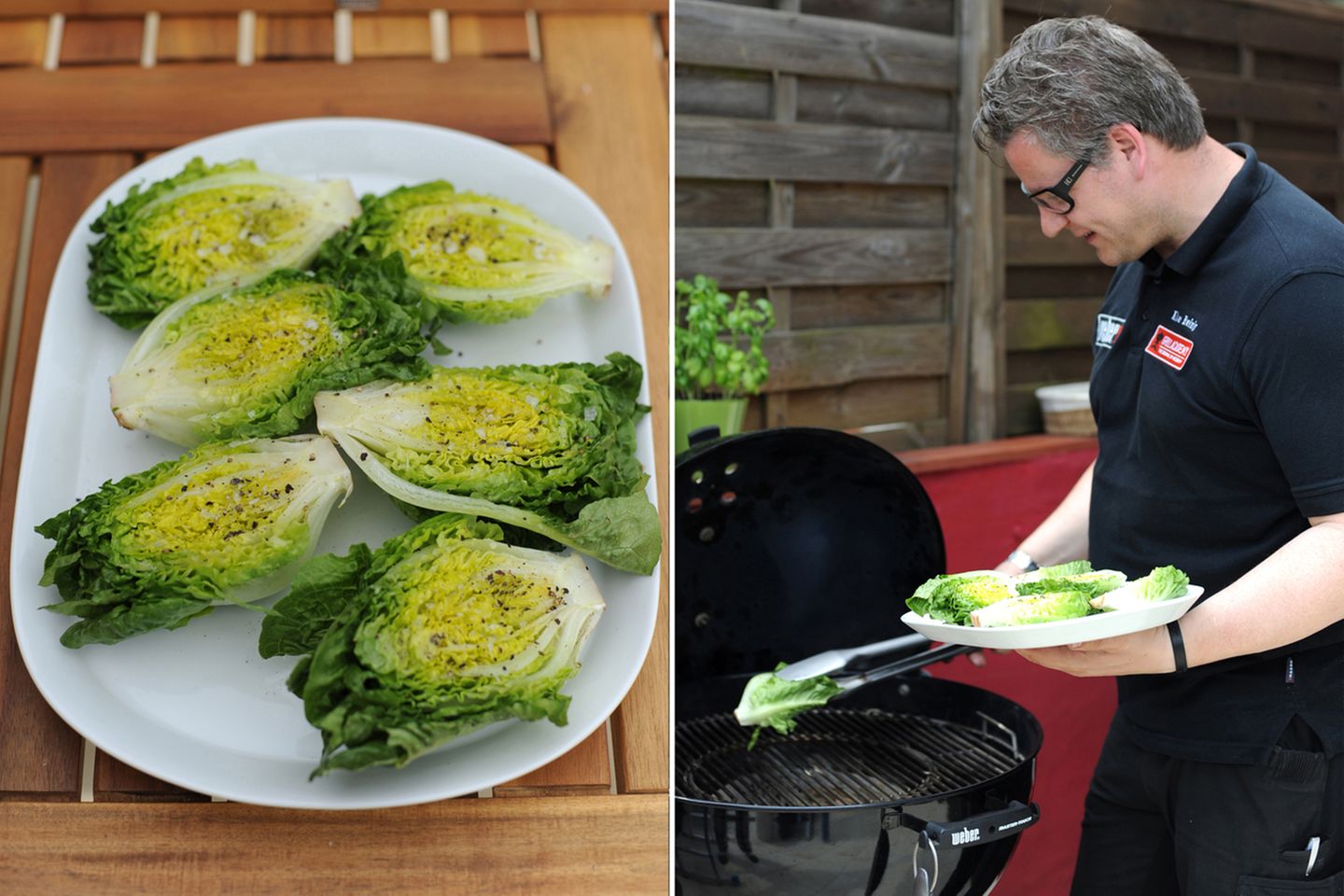 Und nun ab auf den Grill. Den Salat grillen wir mit direkter Hitze. Grillmeister Breinig hat die beiden Kohlekörbe in die Mitte des Grill gezogen und legt den halbierten Salat mit der flachen Seite nach unten direkt über die Kohlen.