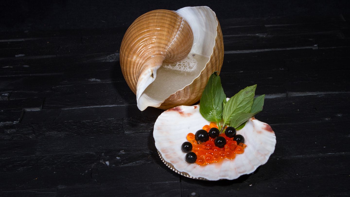 Stephan Hinz: Seafood Cocktail Ein Cocktail in einer Muschel – so weit, so gut. Aber um das Meer tatsächlich in die Bar zu holen, reicht das noch nicht. Und weil Fischeier nicht jedermanns Sache sind, kreieren wir unseren eigenen Kaviar. Um dann aber doch noch richtigen Fisch ins Spiel zu bringen, wird der Gin kurzerhand einer Aromatisierung mit Lachs unterzogen. Garantiert grätenfrei. Jetzt müssen Sie nur noch eine Muschel finden, aus der man auch trinken kann. Für den flüssigen Teil bietet sich dann doch eher das Gehäuse einer Meeresschnecke an. Zutaten: 60ml Lachs-Thai-Basilikum-Gin* 30ml frisch gepresster Zitronensaft 20ml Läuterzucker Trinkgefäß: Meeresschneckengehäuse, Muschel Dazu: Crème de Mûre-Perlen** Zubereitung: Alle Zutaten in den Shaker geben, mit Eiswürfeln auffüllen und schütteln. Den Drink in eine voluminöse Muschel (oder ein Gehäuse) abseihen und die Perlen by side in einer Muschel reichen. *250g Lachs, 700ml Gin und 20 Blätter Thai-Basilikum in einen Vakuumbeutel geben, gut verschließen und für 70 Minuten bei 63°C ins Wasserbad legen. Anschließend durch ein Tuch passieren. **300ml Crème de Mûre mit 1,5g Algin anrühren und kalt stellen. Anschließend die Flüssigkeit tropfenweise in ein Bad aus 3 Barlöffeln Calcic und 1l Wasser geben. Die sich bildenden Perlen werden herausgenommen und mit Wasser abgespült. Seafood Cocktail Ein Cocktail in einer Muschel - so weit, so gut. Aber um das Meer tatsächlich in die Bar zu holen, reicht das noch nicht. Und weil Fischeier nicht jedermanns Sache sind, kreieren wir unseren eigenen Kaviar. Um dann aber doch noch richtigen Fisch ins Spiel zu bringen, wird der Gin kurzerhand einer Aromatisierung mit Lachs unterzogen. Garantiert grätenfrei. Jetzt müssen Sie nur noch eine Muschel finden, aus der man auch trinken kann. Für den flüssigen Teil bietet sich dann doch eher das Gehäuse einer Meeresschnecke an. Zutaten: 60ml Lachs-Thai-Basilikum-Gin* 30ml frisch gepresster Zitronensaft 20ml Läuterzucker Trinkgefäß: Meeresschneckengehäuse, Muschel Dazu: Crème de Mûre-Perlen* Zubereitung: Alle Zutaten in den Shaker geben, mit Eiswürfeln auffüllen und schütteln. Den Drink in eine voluminöse Muschel (oder ein Gehäuse) abseihen und die Perlen by side in einer Muschel reichen. *250g Lachs, 700ml Gin und 20 Blätter Thai-Basilikum in einen Vakuumbeutel geben, gut verschließen und für 70 Minuten bei 63°C ins Wasserbad legen. Anschließend durch ein Tuch passieren. **300ml Crème de Mûre mit 1,5g Algin anrühren und kalt stellen. Anschließend die Flüssigkeit tropfenweise in ein Bad aus 3 Barlöffeln Calcic und 1l Wasser geben. Die sich bildenden Perlen werden herausgenommen und mit Wasser abgespült.