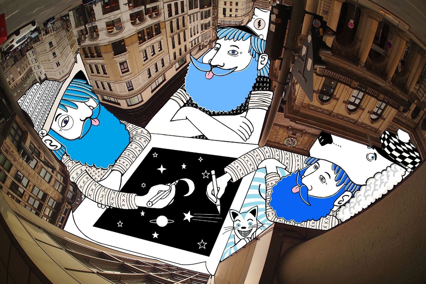 Sieht so der Himmel über Hamburg aus? Wenn der Illustrator und Fotograf Thomas Lamadieu seine Hände im Spiel hat, lautet die Antwort: ja. Seit einiger Zeit befasst er sich der Franzose mit einem ganz besonderen Projekt: der Serie "Sky Art". Dabei fotografiert er dabei in großen Städten Häuserschluchten vom Boden aus - und übermalt den Himmel mit handgezeichneten Illustrationen. Zuletzt waren seine Bilder in einer Ausstellung in Hong Kong zu sehen.  Homepage von Thomas Lamadieu  Die Facebook-Seite von Roots Art
