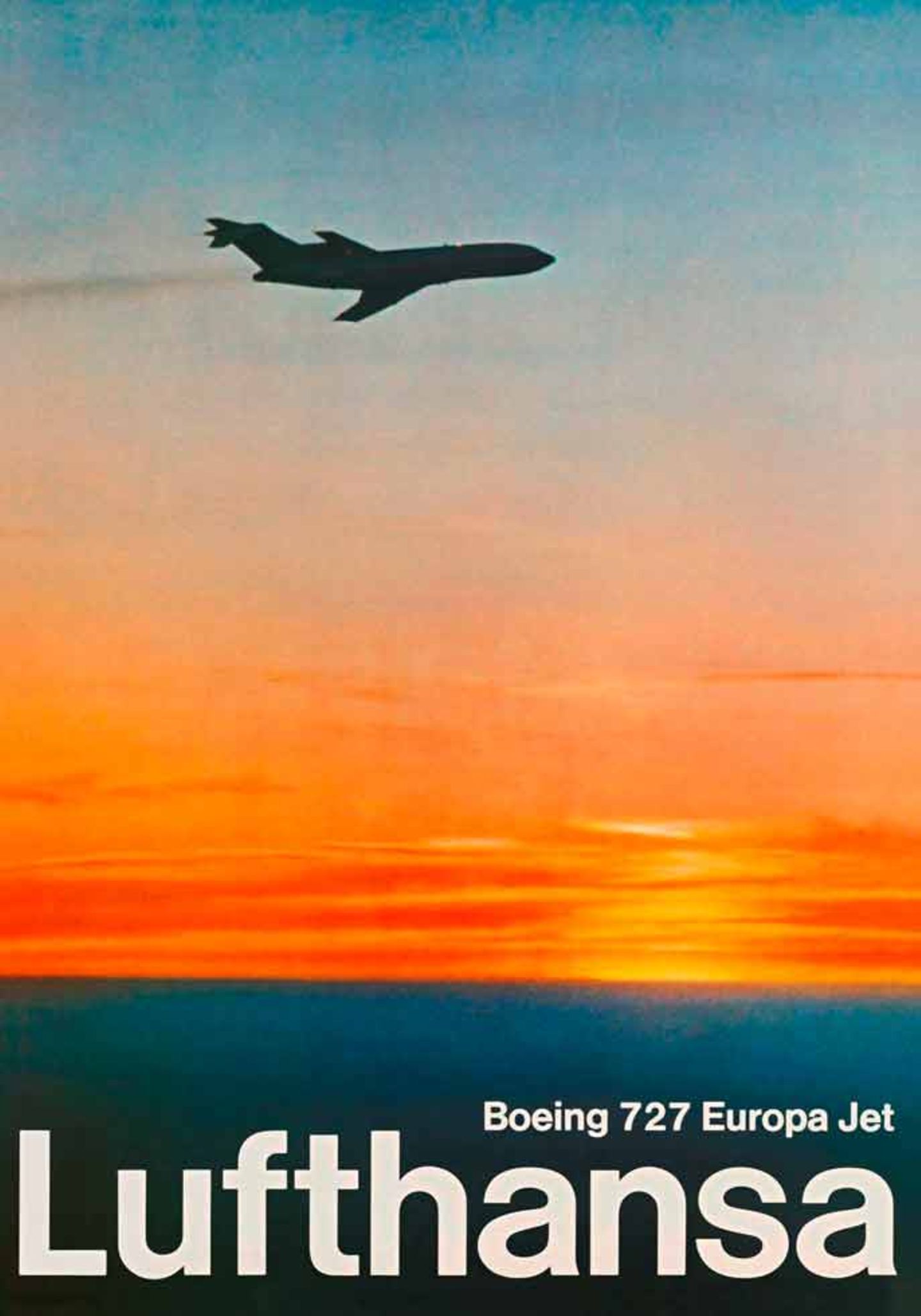 Lufthansa griff bei ihrer Plakatgestaltung 1967 bereits auf Fotografien zurück und bildet eine Boeing 727 ab, dem damaligen Arbeitstier der Flotte für innereuropäische Flüge. An dem abgebildeten Abgasstrahl nahm damals noch niemand Anstoß.