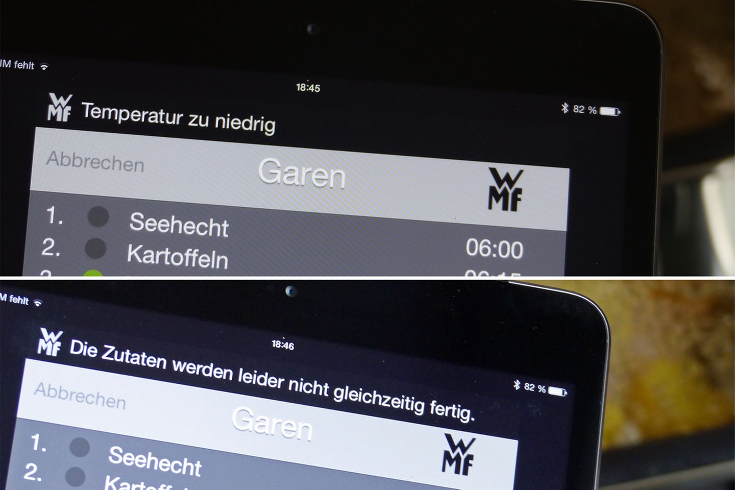 Ist man zu langsam, teilt das iPad einem mit, dass die Zutaten nicht gleichzeitig fertig werden.