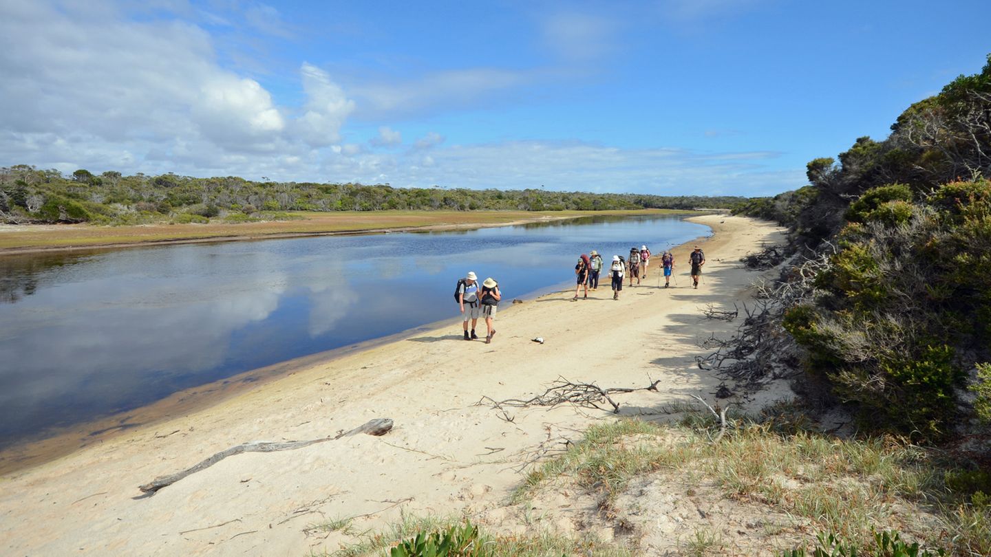 Bay of Fires Walk: "Tassie", wie die Bewohner auch liebevoll ihr Land nennen, ist ein gezähmtes Australien - ohne mörderische Hitze, lebensfeindliche Wüsten, tropische Feuchtigkeit und Krokodile in den Gewässern. Das beruhigt beim Durchqueren der im Tasmanischen Meer mündenden Flüsse. Der Wasserstand des Deep Creek erweist sich glücklicherweise als gemäßigt. "Tassie", wie die Bewohner auch liebevoll ihr Land nennen, ist ein gezähmtes Australien - ohne mörderische Hitze, lebensfeindliche Wüsten, tropische Feuchtigkeit und Krokodile in den Gewässern. Das beruhigt beim Durchqueren der im Tasmanischen Meer mündenden Flüsse. Der Wasserstand des Deep Creek erweist sich glücklicherweise als gemäßigt.