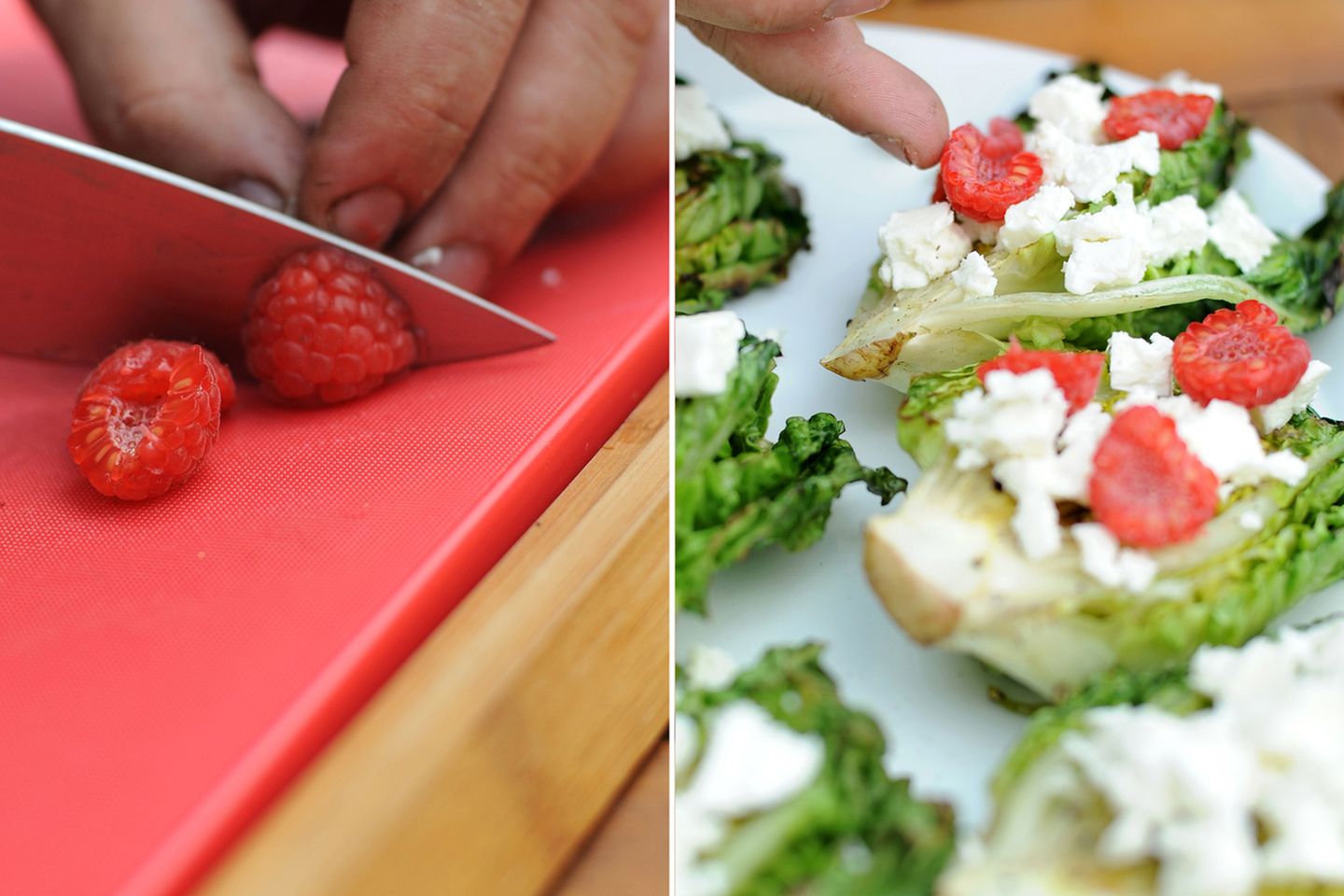 Lecker, Himbeeren! Ihre süßsaure Note gibt dem Grillsalat erst den Kick. Frische sehen auf dem Grün besser aus, es tun jedoch auch welche aus der Tiefkühltruhe.