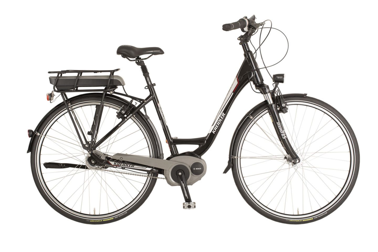 Platz 3   Kreidler Vitality Eco 6   2500 Euro   Das Kreidler überzeugt durch Stabilität und Haltbarkeit, kommt aber auch nur auf eine Mini-Reichweite von 60 Kilometern. Wie beim Pegasus wurde der Akku weit oben am Gepäckträger montiert.   Anmerkung:  Kommt zu dem Gewicht des Akkus noch Gepäck hinzu, leidet das Fahrverhalten durch den hohen Schwerpunkt.