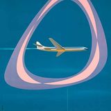 Mit Einsetzen des Jet-Zeitalters änderte Air France auch das Plakat-Design: Jean Colin lässt den Betrachter durch ein symbolisches Flugzeugfenster auf die Caravelle blicken. Der zweistrahlige französische Jet war ab 1959 für Air France im Einsatz.