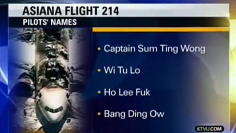 "Wi Tu Lo" und "Ho Lee Fuk" - waren das wirklich die Piloten des Asiana-Unglücksfluges? Der kalifornische Lokalsender KTVU fiel auf einen üblen Scherz herein.