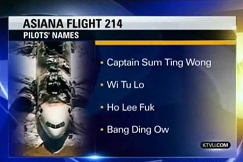 "Wi Tu Lo" und "Ho Lee Fuk" - waren das wirklich die Piloten des Asiana-Unglücksfluges? Der kalifornische Lokalsender KTVU fiel auf einen üblen Scherz herein.