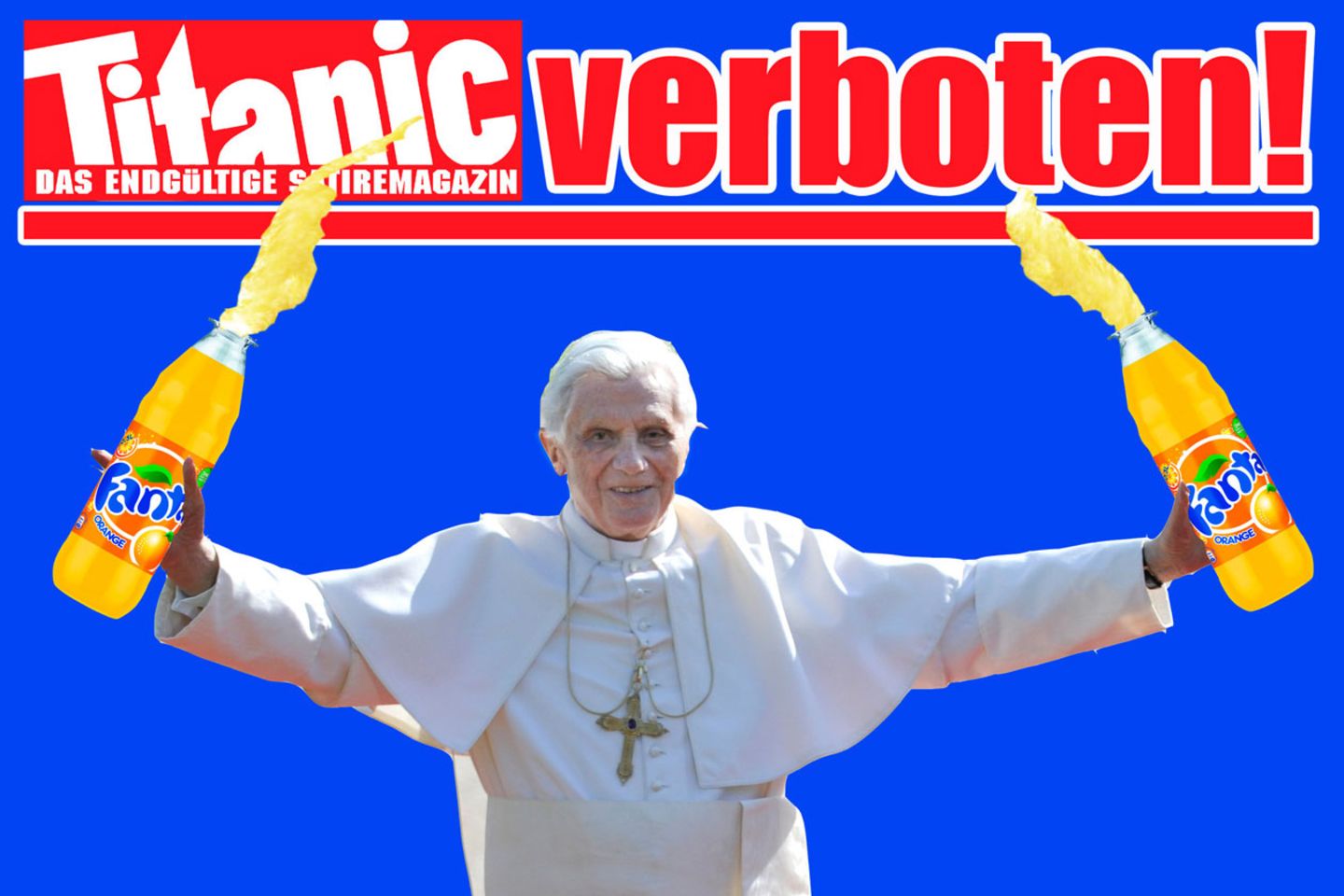Unter dem Titel "Halleluja im Vatikan - Die undichte Stelle ist gefunden!" hatte die "Titanic" 2012 den Papst von vorne und hinten gezeigt - einmal mit gelbem, einmal mit braunem Fleck auf der Soutane. Nachdem das Hamburger Landgericht diesen Titel verboten hatte, zeigt das Satiremagazin auf der Homepage Benedikt XVI. mit zwei riesigen Limonadenflaschen