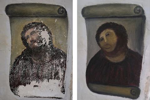 Links das vom Verfall bedrohte Original des "Ecce Homo", rechts das überpinselte Fresko von Cecilia Giménez
