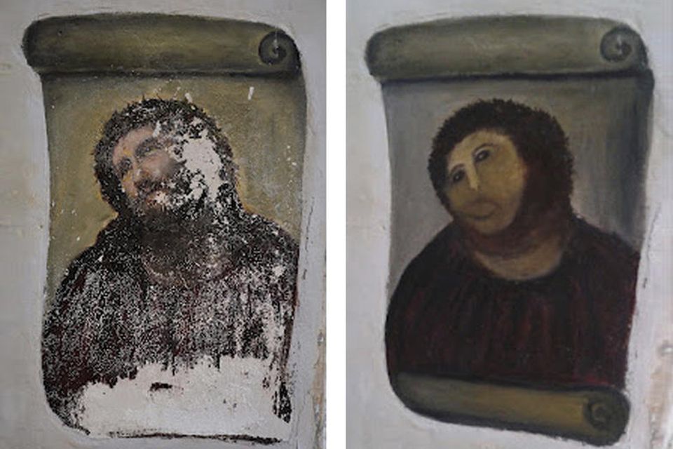 Übermaltes Jesus-Bild in Borja: Links das vom Verfall bedrohte Original des "Ecce Homo", rechts das überpinselte Fresko von Cecilia Giménez Links das vom Verfall bedrohte Original des "Ecce Homo", rechts das überpinselte Fresko von Cecilia Giménez