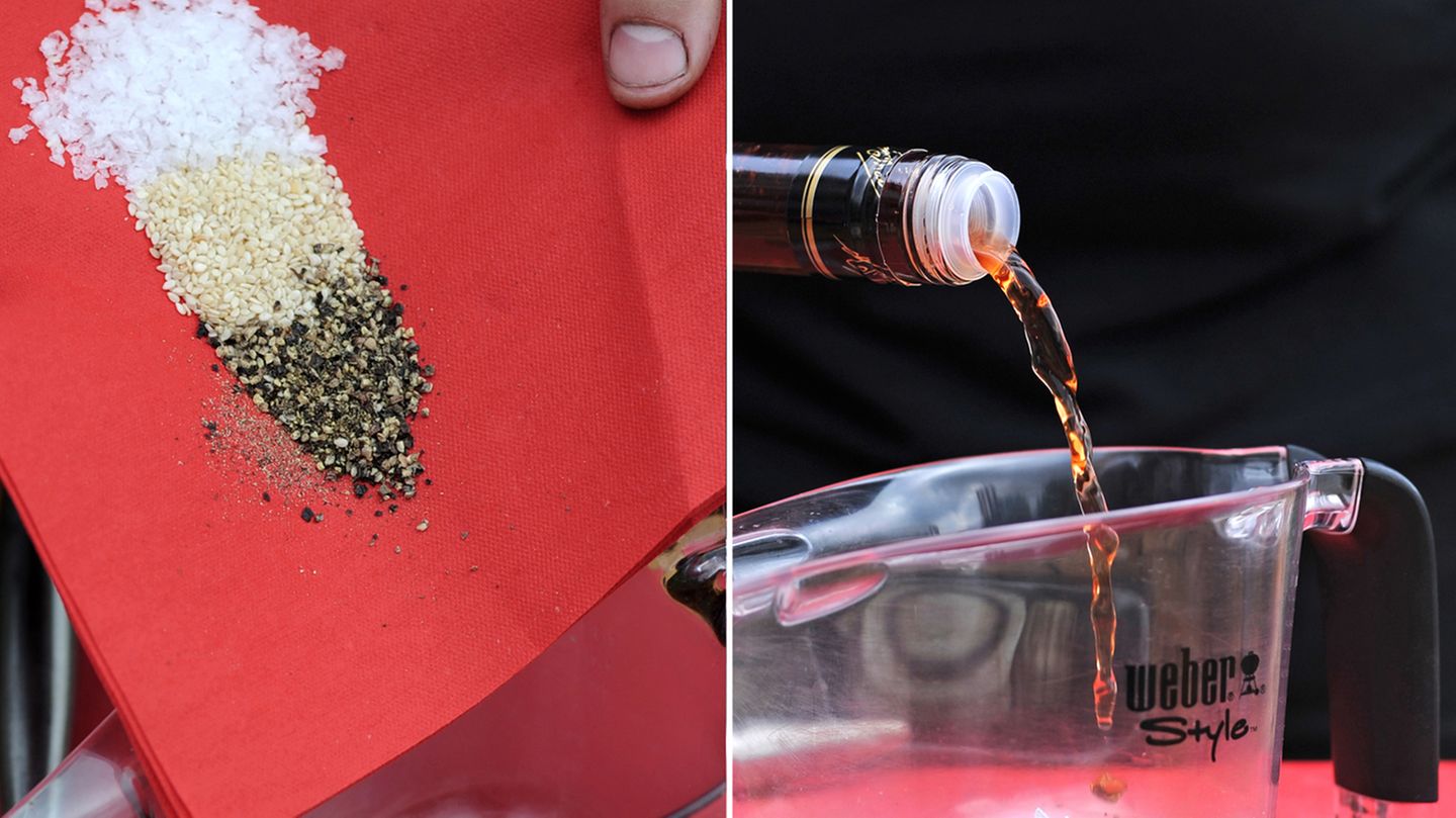 Nun geht es an die Sauce  4 EL flüssiger Honig 1 EL Dijonsenf 2 EL frischer Ingwer, gerieben 2 Knoblauchzehen, zerdrückt 1 1/2 EL Sojasauce 1 1/2 EL Apfelessig 2 EL Sesam Mit Salz und Pfeffer abschmecken