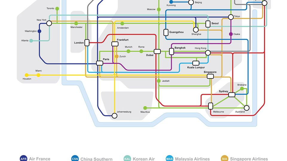 Streckennetz des Airbus A380: Die ganze Welt als U-Bahn-Plan