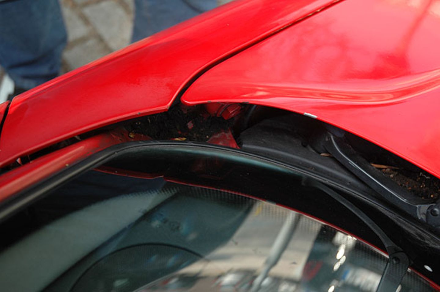 Der Blumentopf in der Motorhaube. Ein Wunder, dass Lack und Bleche der dauerhaften Fangopackung wiederstanden haben.