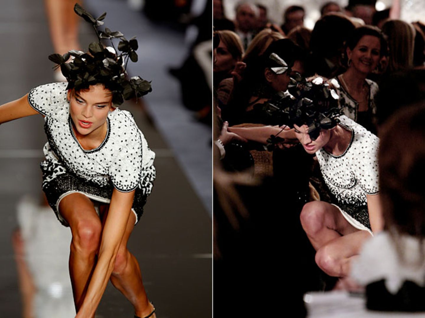 Bei einer Haute-Couture-Schau für Chanel zu laufen, gilt in der Modebranche als Ritterschlag. Dort zu stürzen, ist besonders ärgerlich, wie der Gesichtsausdruck dieses Models zeigt.