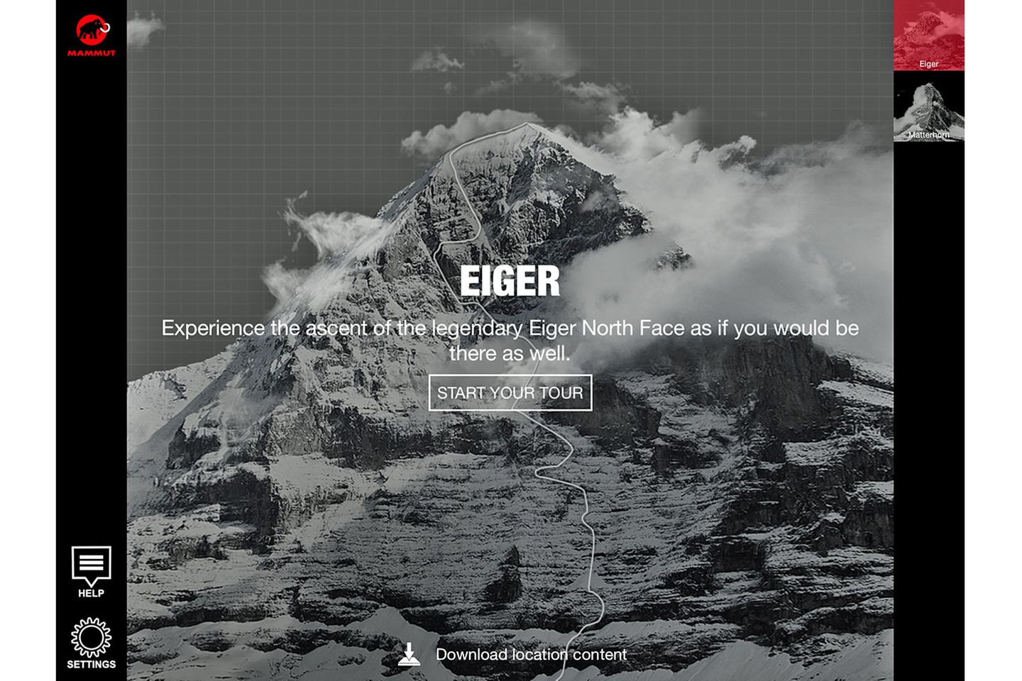 Start des Aufstiegs zum Gipfel durch die Nordwand auf dem iPad: Noch nie hat es eine interaktive Anwendung gegeben, die das Klettererlebnis aus der Perspektive von Alpinisten so hautnah rüberbringt.