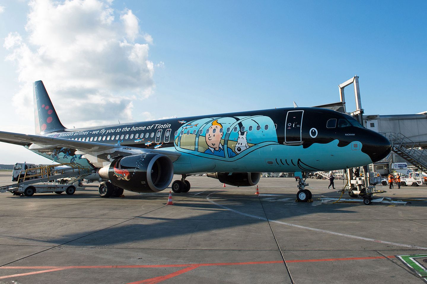 Auf dem Rumpf der Maschine von Brussels Airlines fliegen die Figuren "Tim und Struppi" des belgischen Künstlers Hergé durch Europa. Nach Angaben der Airline sollen die beiden Protagonisten mit dem Unterseeboot bis zum Jahre 2019 über den Wolken unterwegs sein.