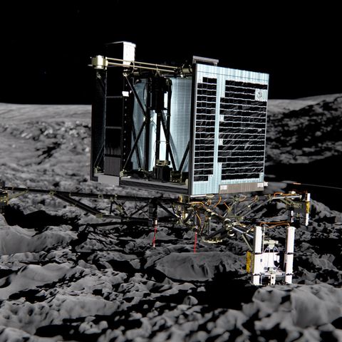 Die Raumsonde Philae steht im Weltall auf dem Kometen Tschuri