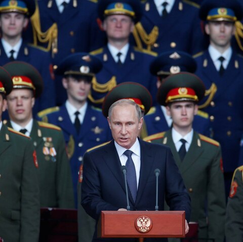 Russlands Präsident Wladimir Putin bei der Eröffnungsrede des Internationalen Militär-Forums "Army 2015" der russischen Armee in der Nähe von Moskau.