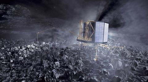 Raumsonde Philae, ein etwa kühlschrankgroßer und würfelförmiger Roboter, sitzt auf einem Kometen