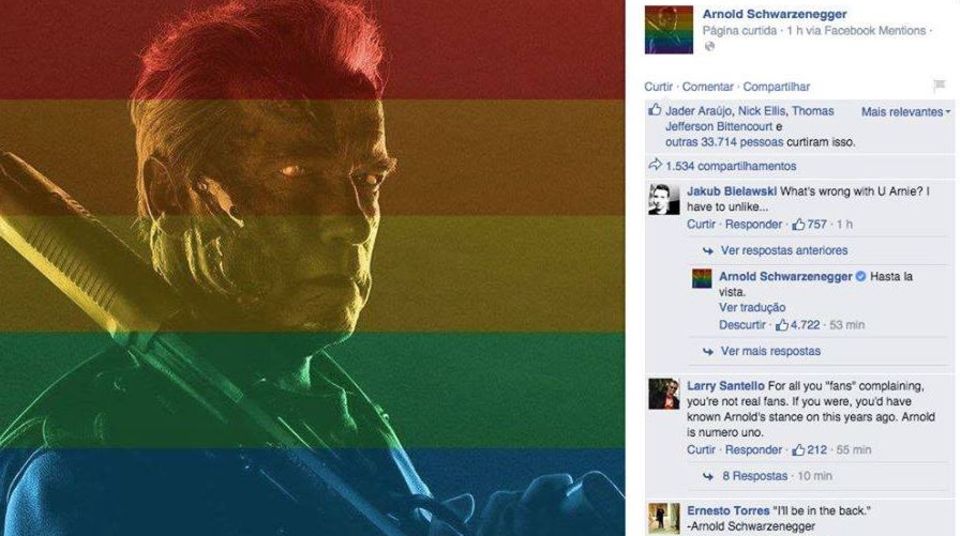 Zeichen für Homo-Ehe: Gut gekontert: Arnold Schwarzneggers schlagfertige Antwort auf den homophoben Kommentar kommt bei der Facebook-Gemeinde gut an Gut gekontert: Arnold Schwarzneggers schlagfertige Antwort auf den homophoben Kommentar kommt bei der Facebook-Gemeinde gut an