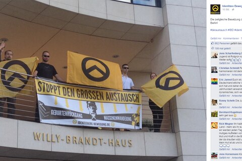 Die rechtsextreme Gruppe "Identitäre Bewegung - Deutschland" bekennt sich auf ihrer Facebook-Seite dazu, das Willy-Brandt-Haus in Berlin sowie die Hamburger SPD-Zentrale besetzt zu haben.