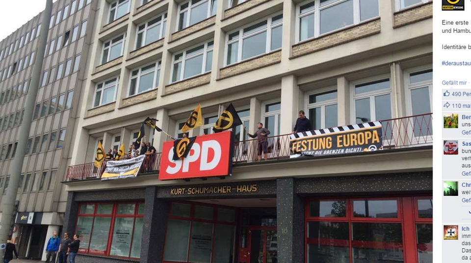 Berlin und Hamburg: Auf ihrer Facebook-Seite berichtet die rechte Gruppe "Identitäre Bewegung" von einer Besetzung vom Hamburger Kurt-Schumacher-Haus Auf ihrer Facebook-Seite berichtet die rechte Gruppe "Identitäre Bewegung" von einer Besetzung vom Hamburger Kurt-Schumacher-Haus