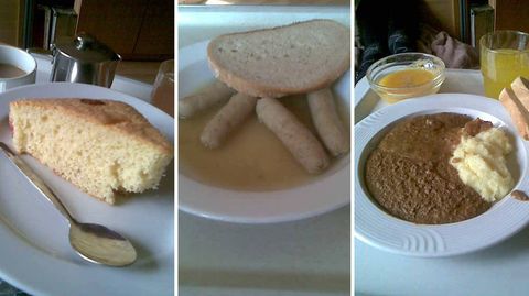 Kirschkuchen ohne Kirschen, Würstchen in Essig und püriertes Irgendwas: Jürgens Essen bietet keinen großen optischen Anreiz. Die Getränke zum Essen sind meist süß, etwa Himbeersirupwasser.