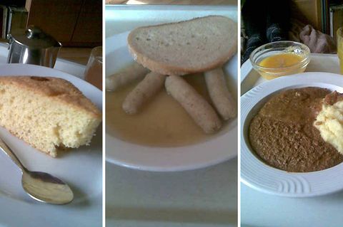 Kirschkuchen ohne Kirschen, Würstchen in Essig und püriertes Irgendwas: Jürgens Essen bietet keinen großen optischen Anreiz. Die Getränke zum Essen sind meist süß, etwa Himbeersirupwasser.