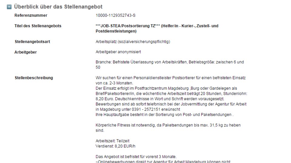 Stellenangebot beim Arbeitsamt: Mit dieser Anzeige werden beim Arbeitsamt Aushilfen gesucht. Der Arbeitgeber bleibt anonym. Mit dieser Anzeige werden beim Arbeitsamt Aushilfen gesucht. Der Arbeitgeber bleibt anonym.