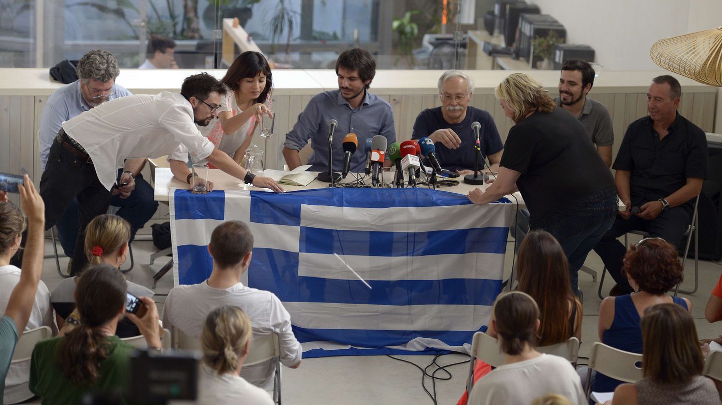 Ein Vertreter von Podemos und andere linke Gruppen in Madrid