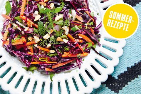 Sommer-Coleslaw: Salatteller mit geraspeltem Rotkohl, Karotten und Fenchel