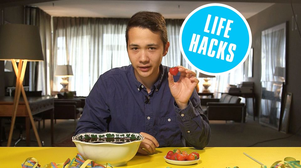 "Life Hacks"-Man Nicky Wong hat keine Lust auf einen Erdbeerstrunk in seiner Bowle.