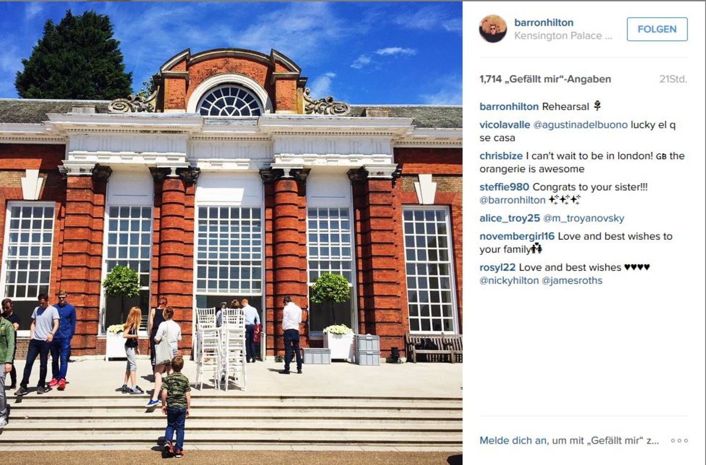Die Festräume befinden sich in der Orangerie des Londoner Kensington Palace. Bräutigam James Rothschild ist gebürtiger Engländer.