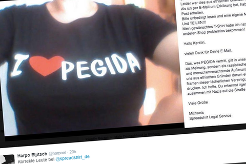 Neben einem Foto von einem Oberkörper mit einem Shirt mit der Aufschrift "I love (Herz) Pegida" steht die E-Mail von Spreadshirt