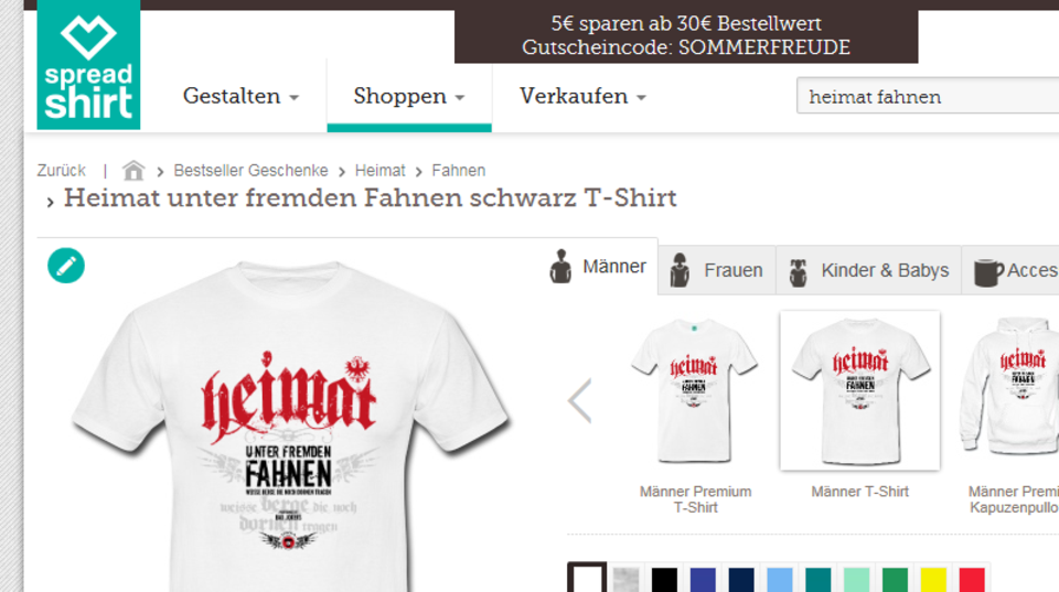 Screenshot des Online-Shops zeigt einen weißes T-Shirt mit der Aufschrift "Heimat unter fremden Fahnen". Screenshot des Online-Shops zeigt einen weißes T-Shirt mit der Aufschrift "Heimat unter fremden Fahnen".