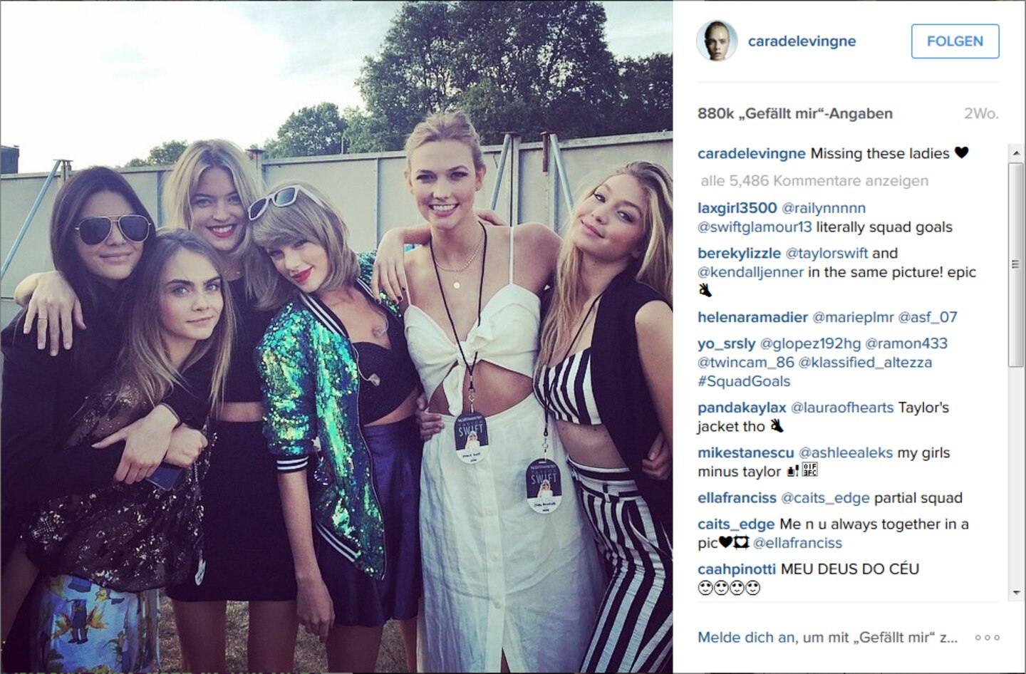 Mit den Taylor-Swift-Backstagepässen um den Hals posieren Cara und ihre Model-Freundinnen (v.l.n.r.): Kendall Jenner,  Martha Hunt, Karlie Kloss und Gigi Hadid. In der Mitte, mit Glitzerjacke: Sängerin Taylor Swift.