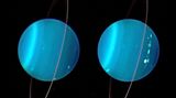 Zwei Aufnahmen des Uranus mit einem Ring und hellen Flecken auf der blauen Kugel