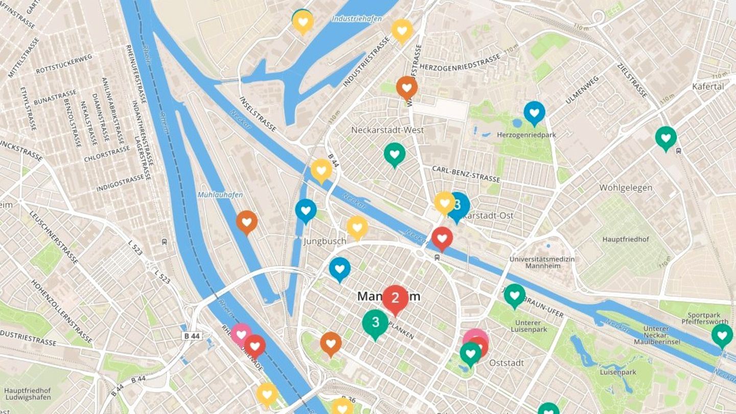 Eine Karte von Mannheim mit Markierungen durch User