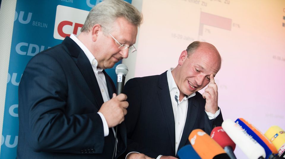 Berliner CDU-Landeschef Frank Henkel und sein Generalsekretär Kai Wegner versuchen ihre Enttäuschung wegzulächeln. Die Berliner CDU-Mitglieder votierten gegen die gleichgeschlechtliche Ehe. 