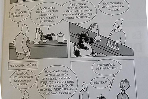 Schlicht gezeichneter Cartoon, in dem ein Tapir mit Reagenzgläsern hantiert, im Dialog mit einem Mann.