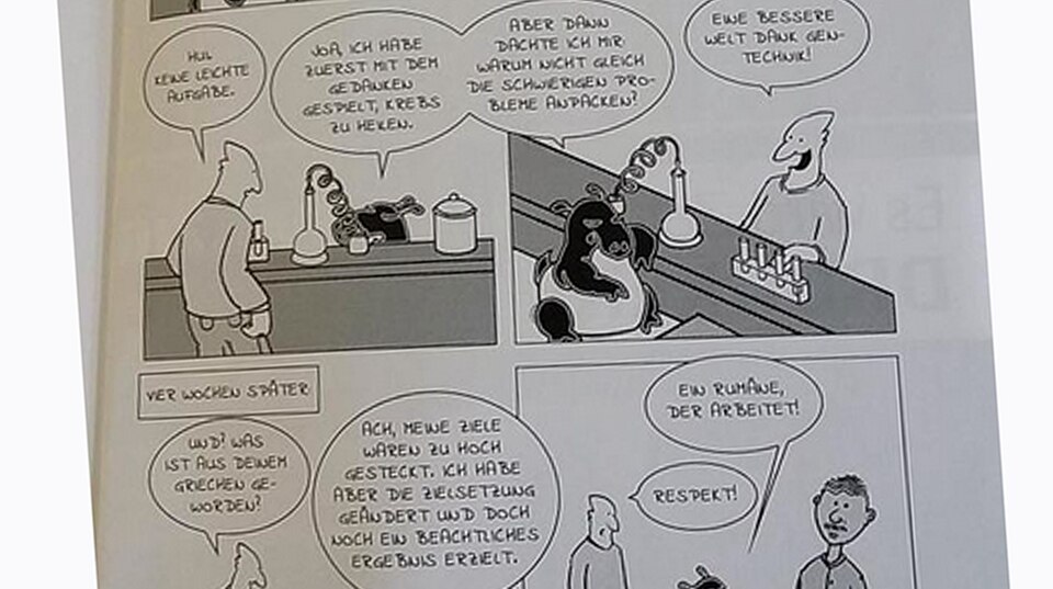 Schlicht gezeichneter Cartoon, in dem ein Tapir mit Reagenzgläsern hantiert, im Dialog mit einem Mann.