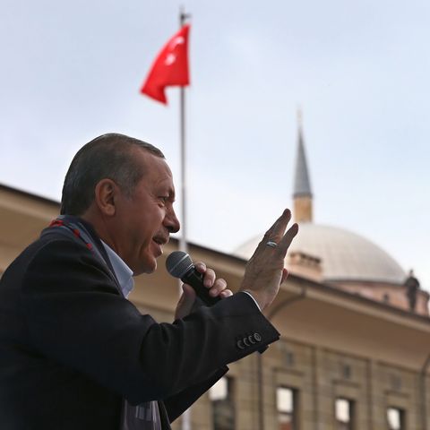 Präsident Tayyip Erdogan spricht in Eskisehir vor einer türkischen Flagge in ein Mikrofon und gestikuliert.