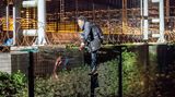 Flüchtlinge am Eurotunnel: Um an den Tunnel heranzukommen, klettern die Menschen über Zäune und Gitter.