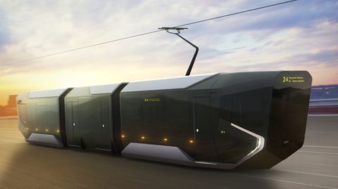 Ein Straßenbahn wie aus einem Science-Fiction-Film