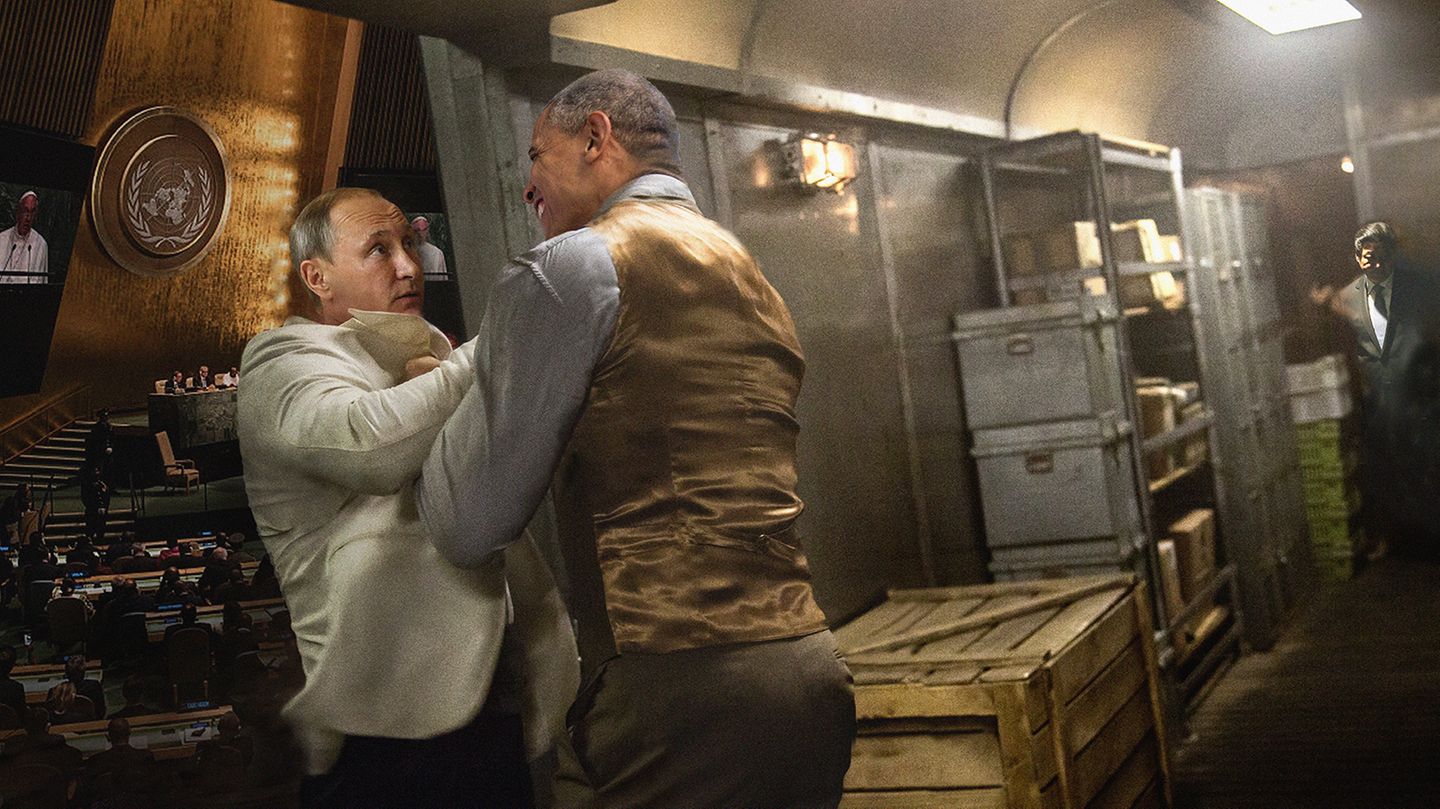Satire-Kalender aus Russland: Putin trifft auf seinen Widersacher Barack Obama und kämpft um die Weltherrschaft. Die Werke Budajews finden zum Teil auch bei russischen Nationalisten großen Anklang. Schon so manches Mal haben sie seine Kalender aufgekauft. Die Grenze zwischen Satire und Putin-Verherrlichung ist bei Budajew manchmal schwer zu erkennen. Putin trifft auf seinen Widersacher Barack Obama und kämpft um die Weltherrschaft. Die Werke Budajews finden zum Teil auch bei russischen Nationalisten großen Anklang. Schon so manches Mal haben sie seine Kalender aufgekauft. Die Grenze zwischen Satire und Putin-Verherrlichung ist bei Budajew manchmal schwer zu erkennen.
